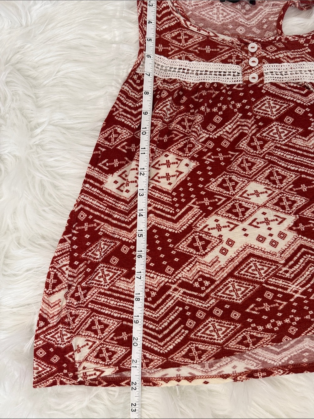 Annabelle USA Boho Tank Top Women’s Large Red Cream Geometric Lace Trim Flowy - Picture 4 of 6